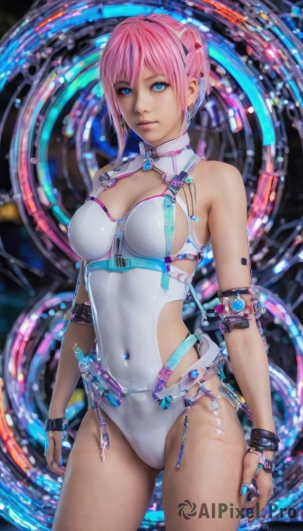 1girl,solo,breasts,looking at viewer,short hair,bangs,blue eyes,cleavage,bare shoulders,jewelry,medium breasts,closed mouth,standing,pink hair,cowboy shot,earrings,nail polish,bracelet,leotard,lips,covered navel,piercing,ring,skin tight,science fiction,realistic,white leotard,navel piercing,swimsuit,thighs,belt,sideboob,highleg