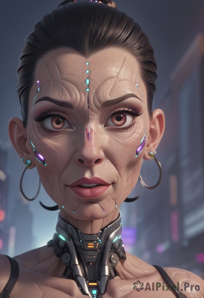 1girl,solo,looking at viewer,short hair,brown hair,black hair,brown eyes,jewelry,collarbone,earrings,parted lips,teeth,dark skin,blurry,dark-skinned female,lips,makeup,blurry background,portrait,close-up,science fiction,veins,hoop earrings,realistic,android,cyborg,robot joints,cyberpunk,mechanical parts,signature,eyelashes,tattoo,forehead,eyeshadow,nose,joints,very short hair,undercut,hair pulled back,mascara