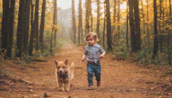 1girl,solo,short hair,blonde hair,brown hair,shirt,1boy,holding,brown eyes,jacket,male focus,outdoors,shoes,day,pants,blurry,tree,animal,blue shirt,denim,child,nature,forest,walking,running,dog,jeans,realistic,leash,road,male child,path,holding leash,shiba inu,smile,open mouth,blue eyes,white shirt,blurry background,leaf,aged down,sneakers,striped shirt,autumn leaves,autumn