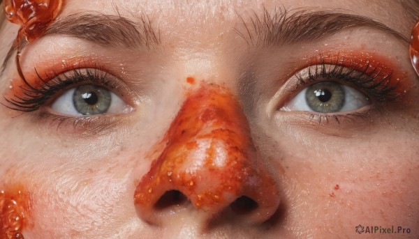 1girl,solo,looking at viewer,brown hair,hair ornament,food,grey eyes,eyelashes,makeup,portrait,close-up,eyeshadow,reflection,fish,realistic,eyeliner,eye focus,green eyes,freckles