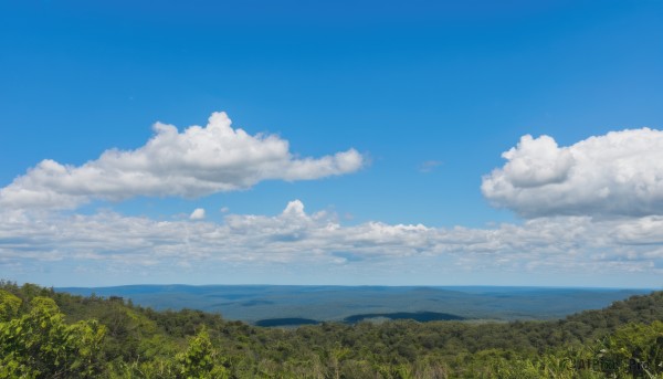 outdoors,sky,day,cloud,water,tree,blue sky,no humans,ocean,cloudy sky,grass,nature,scenery,forest,mountain,horizon,field,summer,landscape,mountainous horizon,hill,signature