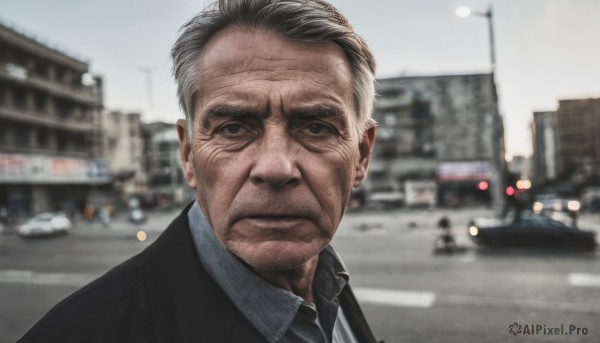 solo,looking at viewer,short hair,shirt,black hair,1boy,closed mouth,jacket,white shirt,upper body,grey hair,male focus,outdoors,necktie,collared shirt,blurry,black eyes,black jacket,depth of field,blurry background,formal,suit,ground vehicle,building,portrait,black necktie,motor vehicle,meme,city,realistic,car,road,old,old man,street,photo background,day,facial hair,expressionless,serious,lamppost,wrinkled skin