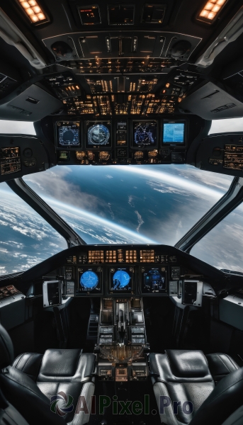 sky,cloud,signature,no humans,window,robot,scenery,science fiction,city,realistic,space,planet,earth (planet),spacecraft,spacesuit,cockpit,helmet,building,mecha,cityscape,seat