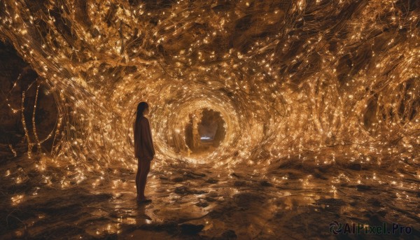 1girl,solo,long hair,black hair,long sleeves,dress,standing,water,from behind,scenery,light particles,reflection,facing away,wide shot,sepia,brown theme,orange theme,skirt,pantyhose,from side,black pantyhose,walking,arms at sides,silhouette,dark