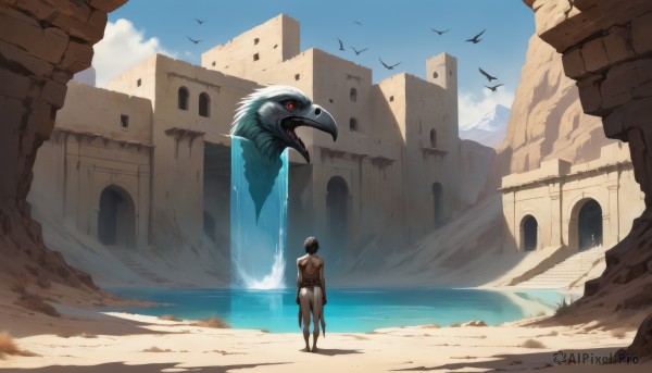 1girl,solo,breasts,short hair,black hair,red eyes,standing,ass,outdoors,sky,barefoot,day,cloud,dark skin,water,from behind,dark-skinned female,blue sky,bird,animal,back,scenery,fantasy,sand,loincloth,waterfall,cliff,shadow,ocean,beach,building,mountain