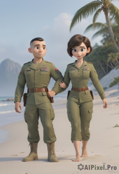 1girl,smile,short hair,brown hair,black hair,long sleeves,1boy,brown eyes,closed mouth,standing,jacket,full body,weapon,hetero,boots,outdoors,sky,barefoot,day,belt,pants,blurry,looking at another,uniform,black eyes,tree,blue sky,military,military uniform,blurry background,ocean,beach,brown footwear,walking,pouch,green jacket,sand,palm tree,brown belt,holster,very short hair,green pants,world war ii,soldier,footprints,breasts,bangs,shirt,medium breasts,cloud,signature,lips,hand on hip,no humans,shadow,nature,scenery,buckle,cross-laced footwear,pocket,belt buckle,green shirt