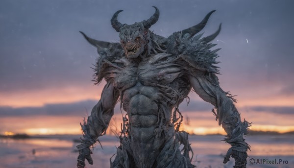 solo,looking at viewer,red eyes,1boy,holding,standing,weapon,male focus,cowboy shot,outdoors,horns,sky,teeth,sword,water,armor,blurry,no humans,muscular,blurry background,glowing,ocean,abs,sharp teeth,glowing eyes,spikes,sunset,monster,open mouth,cloud,colored skin,star (sky),1other,horizon,demon,multiple horns