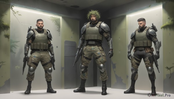 looking at viewer,short hair,blonde hair,brown hair,black hair,gloves,holding,standing,full body,ponytail,weapon,male focus,boots,multiple boys,pants,dark skin,2boys,holding weapon,armor,uniform,gun,military,military uniform,facial hair,scar,dark-skinned male,3boys,knife,plant,shoulder armor,holding gun,rifle,beard,handgun,pouch,mustache,assault rifle,holster,knee pads,manly,shoulder pads,cyborg,elbow pads,soldier,mohawk,load bearing vest,bulletproof vest,green hair,black gloves,black footwear,shadow,dual wielding,4boys,realistic,camouflage