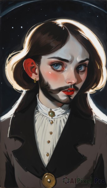 1girl,solo,long hair,looking at viewer,blush,blue eyes,brown hair,shirt,jewelry,jacket,white shirt,upper body,earrings,parted lips,lips,makeup,buttons,facial hair,lipstick,beard,nose,mustache,red lips,coat,eyelashes,piercing,brown jacket,hair behind ear