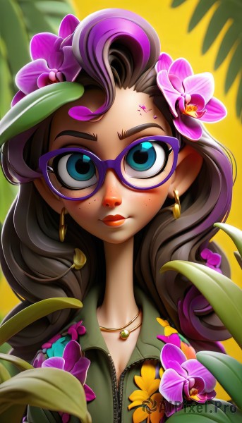 1girl,solo,long hair,looking at viewer,blush,blue eyes,brown hair,shirt,hair ornament,jewelry,closed mouth,collarbone,upper body,purple hair,flower,multicolored hair,earrings,glasses,artist name,hair flower,necklace,mole,two-tone hair,lips,streaked hair,eyelashes,makeup,leaf,floral print,thick eyebrows,plant,lipstick,portrait,yellow background,pink flower,pendant,eyeshadow,zipper,freckles,green shirt,purple flower,unzipped,eyeliner,hibiscus,purple lips,mascara,dark skin,dark-skinned female,purple-framed eyewear