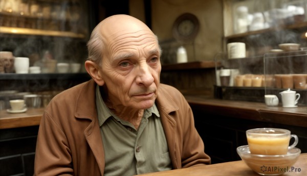 HQ,solo,looking at viewer,shirt,1boy,sitting,closed mouth,jacket,upper body,white hair,grey hair,male focus,collared shirt,indoors,blurry,cup,coat,facial hair,table,steam,teacup,brown jacket,realistic,clock,bald,tea,old,saucer,coffee,old man,wrinkled skin,brown eyes,food,lips,grey eyes,dress shirt,depth of field,blurry background,mug,green shirt,cafe