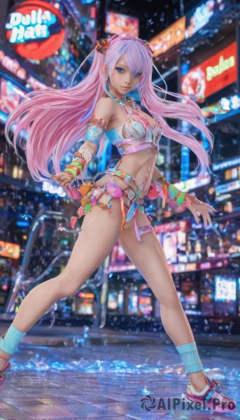 1girl,solo,long hair,breasts,looking at viewer,smile,blue eyes,hair ornament,navel,cleavage,bare shoulders,jewelry,medium breasts,underwear,standing,swimsuit,full body,pink hair,bikini,hairband,earrings,shoes,midriff,belt,dark skin,necklace,nail polish,bra,blurry,bracelet,dark-skinned female,legs,tattoo,night,blurry background,phone,cellphone,wristband,sneakers,armlet,city,navel piercing,bangs,closed mouth,purple hair,multicolored hair,outdoors,socks,lips,piercing,tan,blue nails,street,leg warmers,neon lights