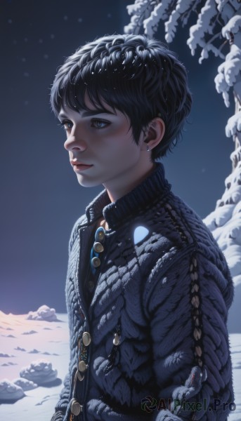The serene presence of a male in a lush snowy outdoors