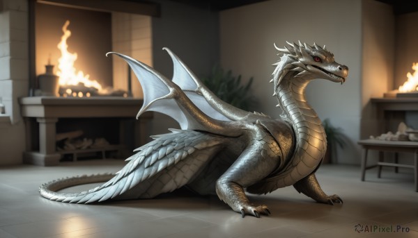 HQ,solo,red eyes,tail,full body,food,wings,horns,indoors,blurry,from side,no humans,fangs,table,fire,claws,dragon,tiles,scales,tile floor,fireplace,teeth,plant,potted plant,kaijuu