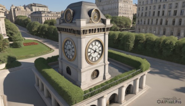 outdoors,sky,day,artist name,signature,dated,tree,blue sky,no humans,window,shadow,grass,building,scenery,stairs,city,clock,road,bush,cityscape,bridge,tower,watermark,plant,architecture,path,arch,garden,clock tower