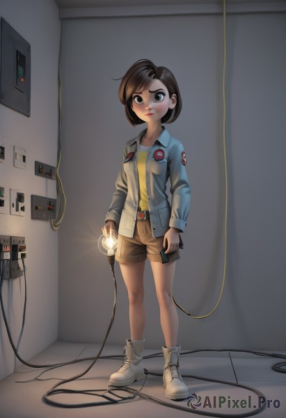 1girl,solo,breasts,looking at viewer,blush,short hair,bangs,brown hair,shirt,long sleeves,holding,brown eyes,closed mouth,standing,jacket,full body,boots,open clothes,shoes,shorts,belt,indoors,black eyes,open jacket,lips,short shorts,swept bangs,phone,white footwear,blue jacket,sneakers,pocket,yellow shirt,tiles,ankle boots,light,cable,tile floor,badge,brown shorts,hallway,wire,flashlight,electrical outlet,collarbone,buttons,glowing,frown,blue shirt,unbuttoned