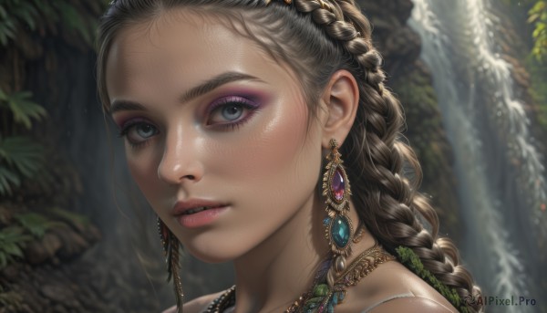 1girl,solo,long hair,looking at viewer,blue eyes,brown hair,jewelry,braid,earrings,outdoors,parted lips,teeth,water,necklace,blurry,lips,grey eyes,eyelashes,single braid,makeup,blurry background,leaf,portrait,nature,close-up,eyeshadow,freckles,realistic,waterfall,mascara,multiple braids,black hair,hair ornament,lipstick,gem,nose,eyeliner