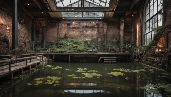 day,indoors,water,tree,no humans,window,sunlight,plant,building,scenery,reflection,light rays,stairs,architecture,ruins,bridge,lily pad,moss,pond,overgrown,broken window,chair,table