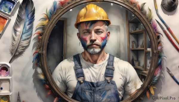 solo,looking at viewer,short hair,shirt,black hair,1boy,hat,blue hair,white shirt,upper body,male focus,indoors,facial hair,helmet,feathers,t-shirt,beard,reflection,realistic,mustache,overalls,manly,paintbrush,dirty,yellow headwear,painting (object),paint,palette (object),blue overalls,paint splatter on face,brown eyes,closed mouth,short sleeves,black eyes,cup,book,mirror,pencil,dirty face,dirty clothes