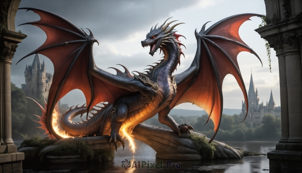 HQ,solo,open mouth,red eyes,tail,outdoors,wings,horns,sky,teeth,day,cloud,water,no humans,fangs,cloudy sky,sharp teeth,scenery,claws,flying,fantasy,dragon,scales,ruins,pillar,castle,dragon wings,glowing,fire,spikes,reflection