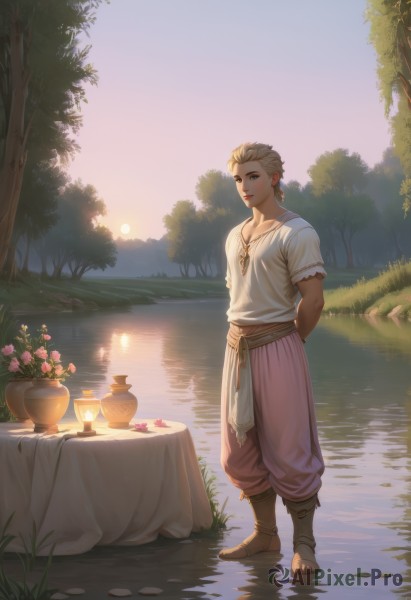 1girl,solo,looking at viewer,smile,short hair,blue eyes,blonde hair,shirt,1boy,jewelry,closed mouth,standing,collarbone,full body,white shirt,flower,short sleeves,male focus,earrings,outdoors,sky,day,pants,water,necklace,tree,lips,sash,arms behind back,sandals,table,sunlight,grass,plant,nature,scenery,pink flower,wading,pendant,forest,backlighting,reflection,sunset,sun,pink rose,hair slicked back,river,baggy pants,lake,standing on liquid,pond,tablecloth,green eyes,artist name,freckles,lantern,candle,twilight,vase,toeless footwear