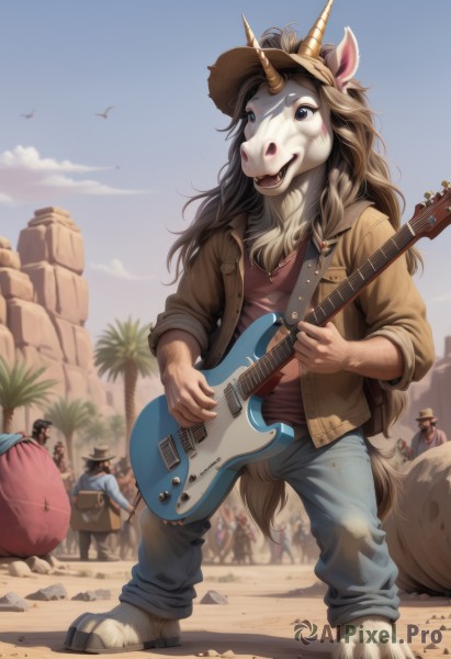 1girl,long hair,smile,open mouth,blue eyes,brown hair,shirt,long sleeves,hat,holding,animal ears,standing,jacket,tail,full body,outdoors,multiple boys,open clothes,horns,sky,teeth,solo focus,day,pants,artist name,signature,bag,blurry,black eyes,open jacket,tree,blue sky,blurry background,colored skin,bird,animal,fangs,backpack,blue shirt,denim,red shirt,instrument,claws,furry,sleeves rolled up,6+boys,brown jacket,jeans,rock,sand,palm tree,furry female,music,blue pants,guitar,brown shirt,body fur,playing instrument,holding instrument,dirty,cowboy hat,crowd,snout,desert,hooves,cowboy western,people,cactus,lute (instrument),acoustic guitar,looking at viewer,brown eyes,jewelry,braid,boots,shoes,cloud,necklace,vest,mask,buttons,watermark,single horn,bandana,open vest,brown vest