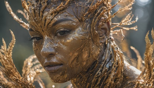 1girl,solo,looking at viewer,1boy,parted lips,teeth,blurry,black eyes,lips,grey eyes,depth of field,blurry background,helmet,portrait,close-up,realistic,gold,closed mouth,male focus,artist name,eyelashes,facial hair,freckles,antlers