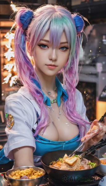 1girl,solo,long hair,breasts,looking at viewer,bangs,blue eyes,large breasts,shirt,holding,cleavage,hair between eyes,twintails,jewelry,medium breasts,closed mouth,blue hair,upper body,pink hair,short sleeves,multicolored hair,food,artist name,indoors,signature,necklace,hair bun,nail polish,blurry,two-tone hair,lips,fingernails,eyelashes,double bun,gradient hair,makeup,depth of field,blurry background,blue shirt,steam,bowl,chopsticks,realistic,spoon,nose,holding spoon,noodles,mascara,ramen,incoming food,parted lips,apron,emblem,badge,cooking