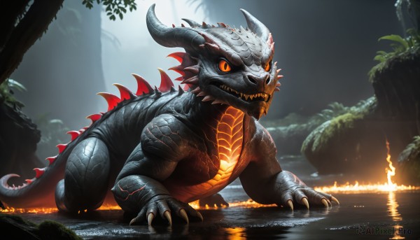 HQ,solo,open mouth,tail,outdoors,horns,teeth,water,tree,orange eyes,no humans,glowing,fangs,fire,sharp teeth,nature,glowing eyes,claws,spikes,forest,monster,dragon,scales,giant,breathing fire,molten rock,kaijuu