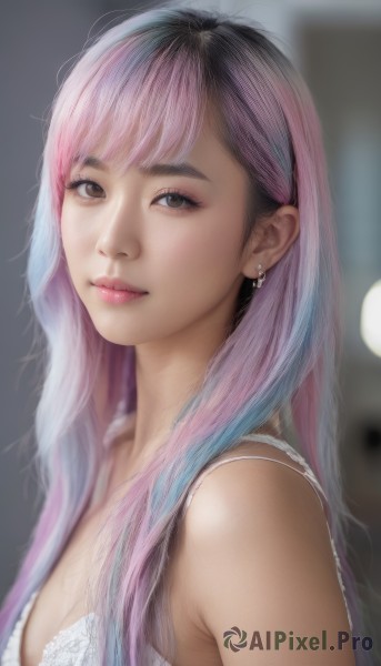 1girl,solo,long hair,breasts,looking at viewer,smile,bangs,cleavage,bare shoulders,brown eyes,jewelry,medium breasts,closed mouth,underwear,upper body,pink hair,multicolored hair,earrings,small breasts,bra,blurry,from side,two-tone hair,lips,makeup,depth of field,blurry background,white bra,realistic,nose,black hair,blue hair,purple hair,artist name,eyelashes,gradient hair