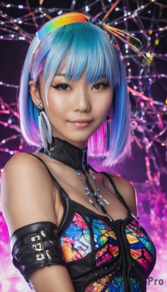 1girl,solo,breasts,looking at viewer,smile,short hair,bangs,bare shoulders,brown eyes,jewelry,medium breasts,closed mouth,blue hair,upper body,pink hair,multicolored hair,hairband,earrings,necklace,black eyes,two-tone hair,lips,gradient hair,bob cut,cross,armlet,freckles,realistic,nose,arm strap,hair ornament,collarbone,blunt bangs,collar,leather,strap,colorful