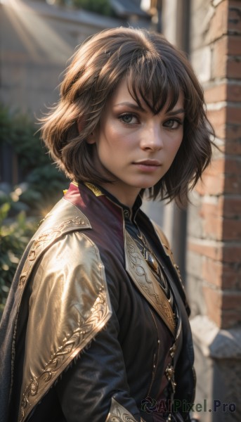 1girl,solo,looking at viewer,short hair,bangs,brown hair,brown eyes,jewelry,closed mouth,upper body,outdoors,day,cape,armor,blurry,from side,lips,grey eyes,depth of field,blurry background,freckles,realistic,nose,dress,parted lips,necklace,sunlight,brick wall