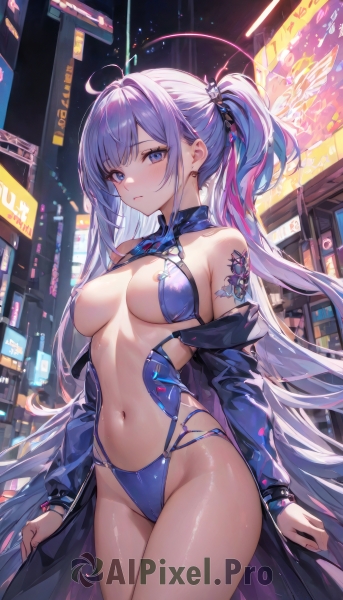 1girl,solo,long hair,breasts,looking at viewer,blush,bangs,blue eyes,large breasts,hair ornament,long sleeves,ribbon,navel,bare shoulders,jewelry,medium breasts,very long hair,closed mouth,blue hair,standing,purple eyes,swimsuit,hair ribbon,ponytail,purple hair,ahoge,sidelocks,bikini,thighs,multicolored hair,cowboy shot,outdoors,detached sleeves,open clothes,off shoulder,stomach,streaked hair,coat,groin,tattoo,night,frown,highleg,building,revealing clothes,open coat,cleavage,twintails,jacket,earrings,open jacket,black jacket,skindentation,halo,breasts apart,string bikini,blue bikini,city,cityscape,shoulder tattoo,bikini bottom only,multi-strapped bikini