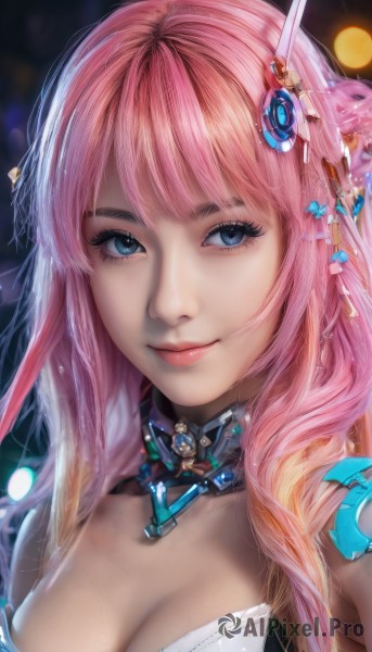 1girl,solo,long hair,breasts,looking at viewer,smile,bangs,blue eyes,hair ornament,cleavage,bare shoulders,jewelry,medium breasts,closed mouth,upper body,pink hair,multicolored hair,choker,lips,eyelashes,makeup,portrait,close-up,realistic,nose,large breasts,gradient hair,headgear,gem