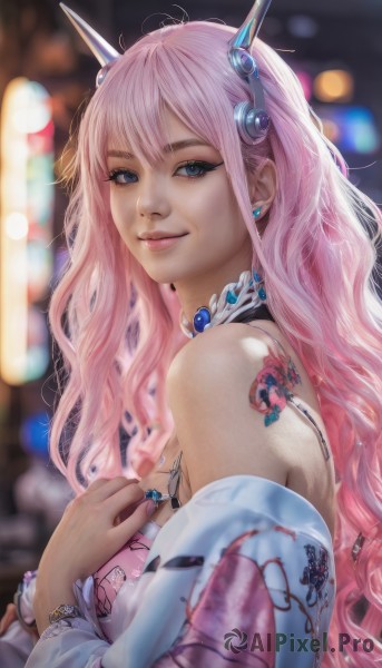 1girl,solo,long hair,breasts,looking at viewer,smile,bangs,blue eyes,hair ornament,bare shoulders,jewelry,upper body,pink hair,earrings,detached sleeves,blurry,lips,tattoo,depth of field,blurry background,headgear,wavy hair,ring,gem,realistic,nose,closed mouth,horns,choker,artist name,necklace,bracelet,from side,hand on own chest,bokeh