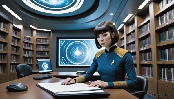 1girl,solo,breasts,looking at viewer,short hair,bangs,blue eyes,brown hair,black hair,long sleeves,sitting,closed mouth,upper body,indoors,blunt bangs,black eyes,lips,book,chair,table,bob cut,desk,science fiction,realistic,nose,bookshelf,pen,computer,monitor,library,keyboard (computer),stylus,tablet pc,drawing tablet,hologram,uniform,headwear removed,epaulettes,laptop