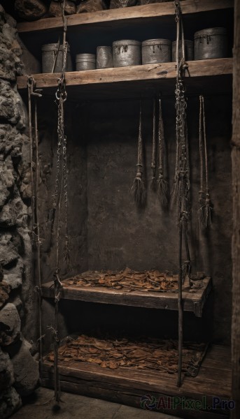 monochrome,weapon,sword,no humans,chain,rope,scenery,sepia,brown theme,treasure chest,hook,solo,1boy,standing,indoors,skull,robe,gold,statue,wood