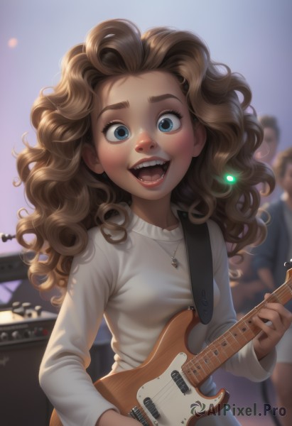 1girl,long hair,breasts,looking at viewer,blush,smile,open mouth,blue eyes,brown hair,shirt,long sleeves,holding,jewelry,white shirt,upper body,:d,small breasts,teeth,solo focus,necklace,blurry,lips,eyelashes,blurry background,fangs,wavy hair,happy,instrument,forehead,backlighting,freckles,curly hair,nose,music,guitar,playing instrument,holding instrument,electric guitar,plectrum,multiple boys,sweater,glowing,thick eyebrows,child,realistic,female child