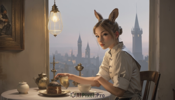 1girl,solo,brown hair,shirt,1boy,holding,animal ears,brown eyes,sitting,closed mouth,white shirt,short sleeves,food,pants,indoors,hood,hair bun,black eyes,apron,cup,lips,window,chair,table,single hair bun,building,plate,sleeves rolled up,teacup,cake,mouse ears,candle,teapot,saucer,painting (object),tablecloth,looking at viewer,short hair,upper body,from side,scenery,realistic,lamp,castle