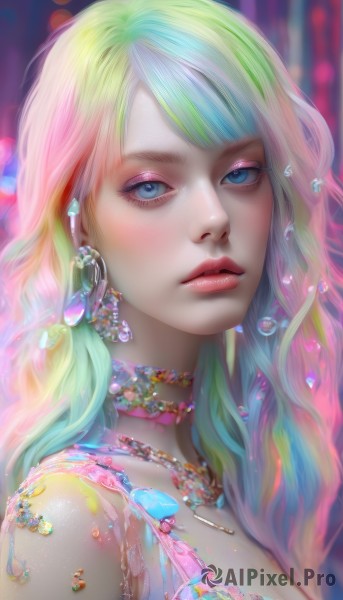 1girl,solo,long hair,breasts,looking at viewer,bangs,blue eyes,cleavage,jewelry,closed mouth,blue hair,upper body,pink hair,multicolored hair,earrings,green hair,choker,artist name,necklace,bra,blurry,lips,streaked hair,eyelashes,aqua hair,gradient hair,makeup,depth of field,blurry background,expressionless,lipstick,gem,portrait,web address,close-up,eyeshadow,pink lips,realistic,nose,red lips,eyeliner,colorful,mascara,rainbow hair,blonde hair,bare shoulders,parted lips,watermark,wavy hair,bubble,crystal