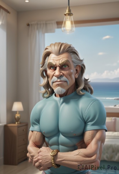 solo,looking at viewer,smile,shirt,red eyes,1boy,green eyes,upper body,white hair,short sleeves,grey hair,male focus,multicolored hair,sky,day,pants,artist name,cloud,indoors,medium hair,blurry,bracelet,two-tone hair,window,bed,muscular,blurry background,facial hair,ocean,heterochromia,abs,thick eyebrows,blue shirt,pectorals,curtains,muscular male,t-shirt,bara,beard,veins,watch,mature male,realistic,mustache,wristwatch,lamp,tight,manly,old,old man,arm hair,desk lamp,wrinkled skin,parted lips,teeth,water,lips,watermark,scar,web address,nose,bedroom,light bulb