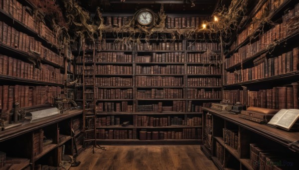 indoors,book,dutch angle,no humans,chair,table,scenery,open book,clock,bookshelf,lamp,candle,book stack,gears,library,ladder,quill,chandelier,globe,voile,solo,paper,fantasy,magic,too many