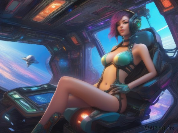 1girl,solo,breasts,looking at viewer,short hair,large breasts,gloves,navel,cleavage,bare shoulders,medium breasts,sitting,pink hair,purple hair,lips,hand on hip,headphones,headset,science fiction,realistic,cable,space,planet,spacecraft,cockpit,bangs,green eyes,thighs,multicolored hair,parted lips,sky,choker,signature,stomach,bra,window,watermark,crossed legs,revealing clothes,web address,cyberpunk,holographic interface