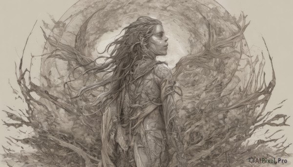 1girl,solo,long hair,jewelry,closed mouth,standing,monochrome,closed eyes,greyscale,cowboy shot,earrings,parted lips,pointy ears,cape,armor,from side,profile,floating hair,1boy,upper body,male focus,from behind,elf,brown theme