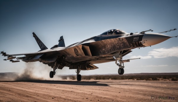 outdoors,sky,day,cloud,signature,military,no humans,smoke,flying,science fiction,realistic,aircraft,sand,military vehicle,airplane,vehicle focus,desert,jet,dust,missile,fighter jet,pilot,blue sky,helmet,contrail