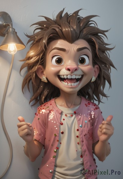 1girl,solo,long hair,looking at viewer,smile,open mouth,brown hair,shirt,brown eyes,jewelry,white shirt,upper body,short sleeves,earrings,open clothes,teeth,medium hair,messy hair,child,furry,female child,lamp,male child,thumbs up,print shirt,horror (theme),blush,short hair,jacket,:d,floral print,realistic