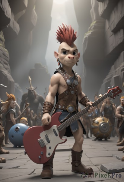 smile,1boy,holding,jewelry,standing,male focus,red hair,earrings,boots,multiple boys,horns,solo focus,pointy ears,belt,necklace,black eyes,bracelet,muscular,facial hair,brown footwear,sandals,spiked hair,instrument,6+boys,topless male,fantasy,music,guitar,bald,playing instrument,holding instrument,electric guitar,crowd,drum,stage,mohawk,drumsticks,looking at viewer,gloves,nipples,full body,weapon,sword,fingerless gloves,polearm,spear,male child,spotlight