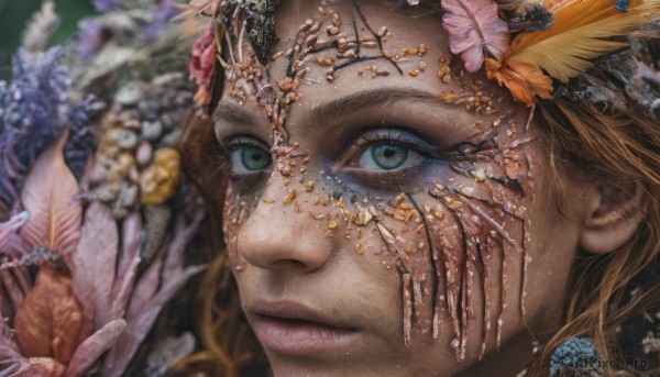 1girl,solo,long hair,looking at viewer,blue eyes,blonde hair,brown hair,hair ornament,closed mouth,flower,hair flower,blurry,lips,eyelashes,makeup,depth of field,blurry background,bug,gem,butterfly,portrait,close-up,freckles,circlet,realistic,nose,mascara,pearl (gemstone),green eyes,feathers