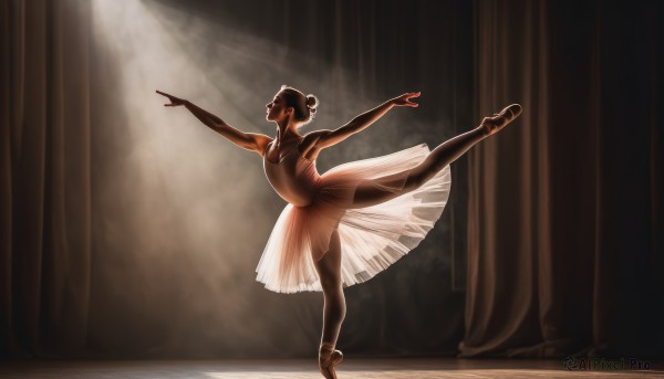 1girl,solo,short hair,open mouth,black hair,dress,standing,closed eyes,pantyhose,dark skin,hair bun,leotard,dark-skinned female,single hair bun,standing on one leg,curtains,dancing,spotlight,ballerina,ballet slippers,ballet,tutu,skirt,full body,see-through,double bun,shadow,tiptoes,split,balancing