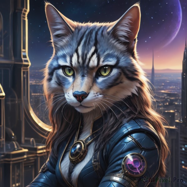 1girl,solo,long hair,breasts,looking at viewer,animal ears,jewelry,green eyes,yellow eyes,upper body,outdoors,sky,artist name,no humans,bodysuit,night,animal,moon,cat,slit pupils,building,star (sky),night sky,furry,full moon,starry sky,science fiction,city,furry female,cityscape,body fur,animal nose,blue bodysuit,whiskers,city lights,brown hair,closed mouth,signature,necklace,pendant,realistic